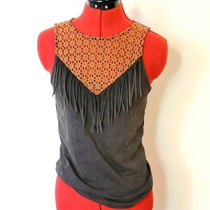 Buckle Gimmicks Leather Cut Out Black Finge Tank
